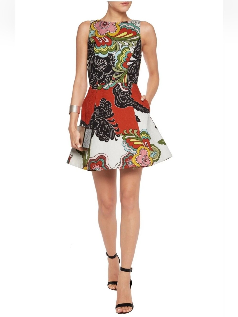 Alice + Olivia 'Adrianne' fit-and-flare dress features a boat neck and a vibrant